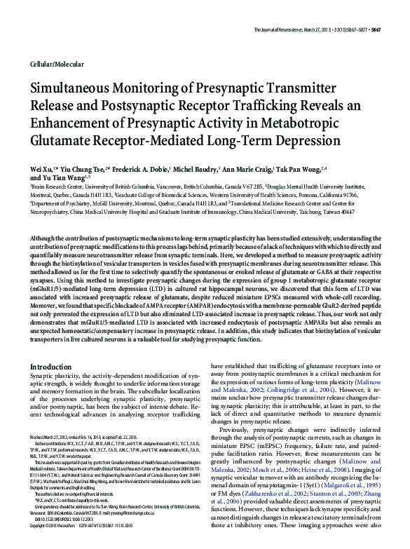 (PDF) Simultaneous Monitoring of Presynaptic Transmitter Release and ...
