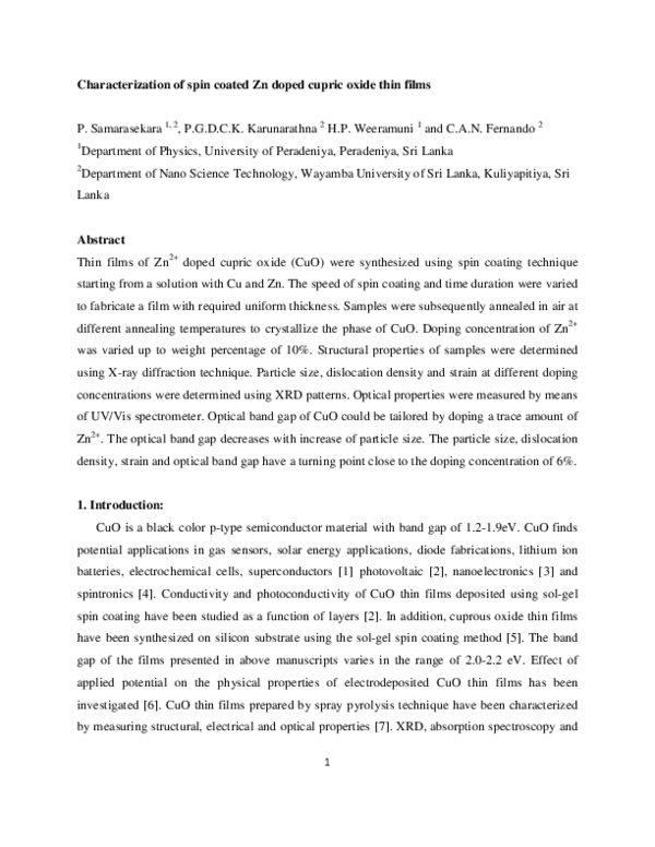 (PDF) Characterization of spin coated Zn doped cupric oxide thin films