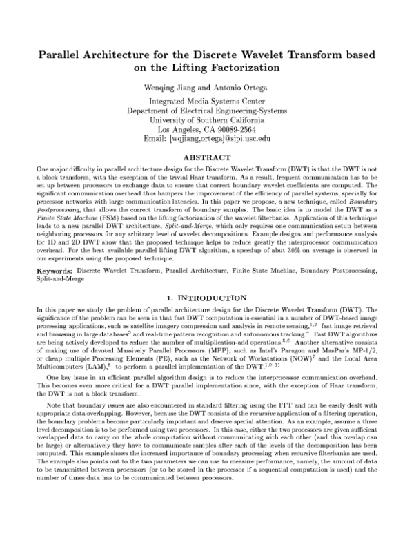 (PDF) Parallel architecture for the discrete wavelet transform based on ...