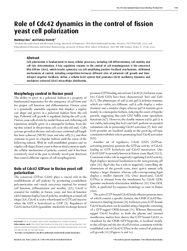(PDF) Role of Cdc42 dynamics in the control of fission yeast cell ...