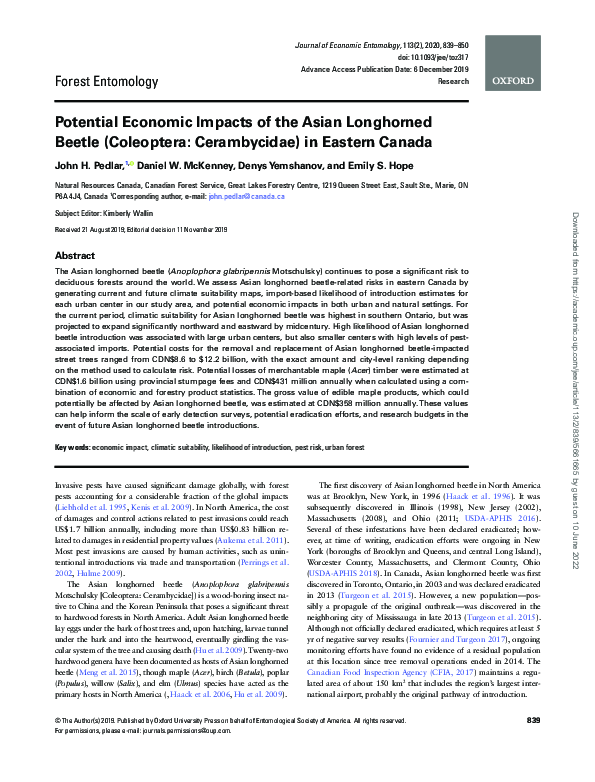 (PDF) Potential Economic Impacts of the Asian Longhorned Beetle ...
