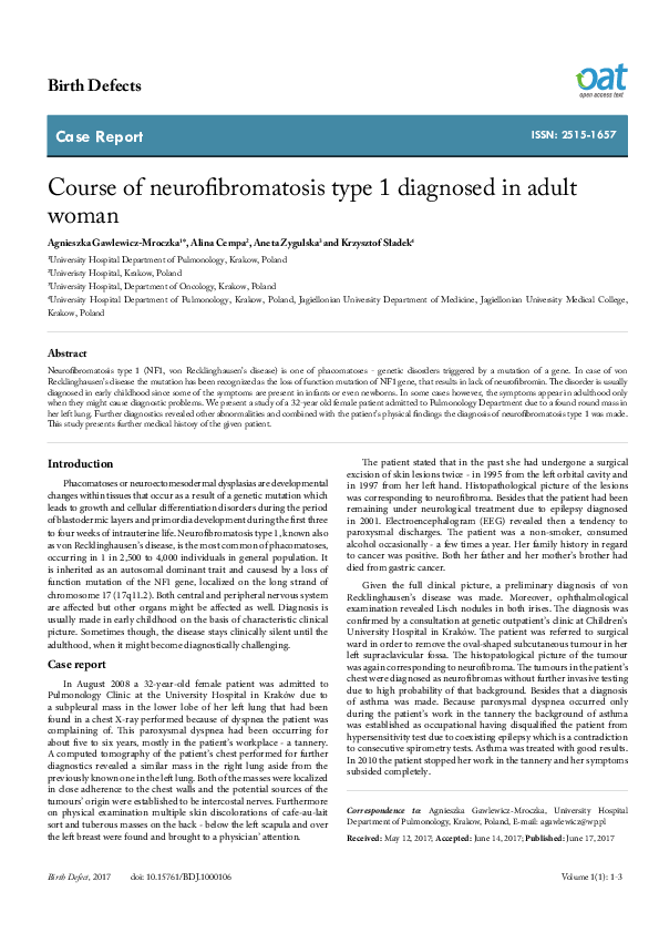(PDF) Course of neurofibromatosis type 1 diagnosed in adult woman ...