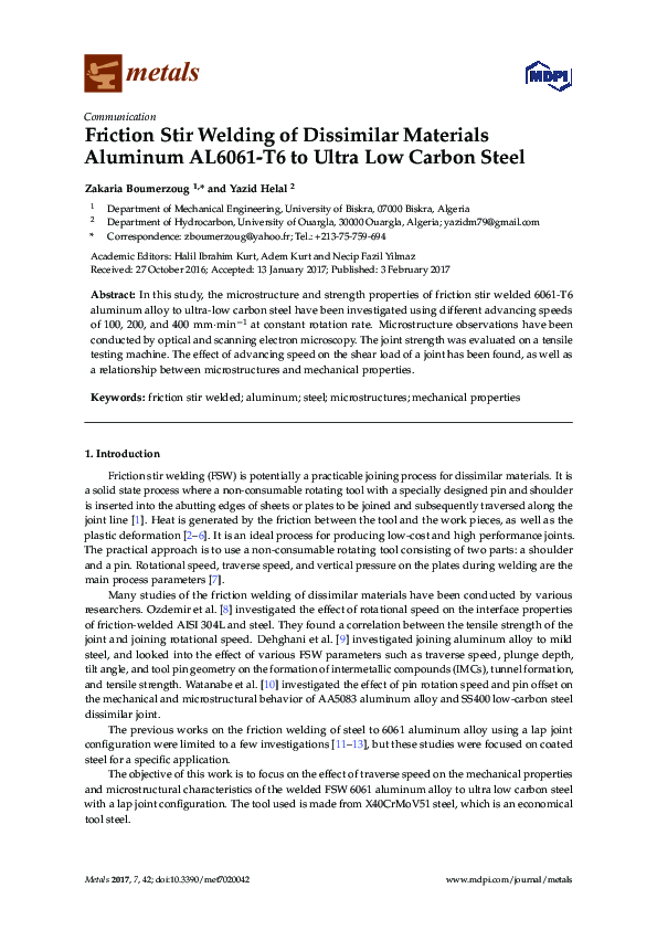(PDF) Friction Stir Welding of Dissimilar Materials