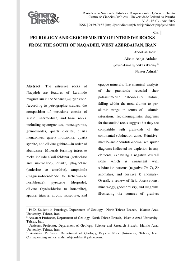 (PDF) Petrology and Geochemistry of Intrusive Rocks from the South of ...