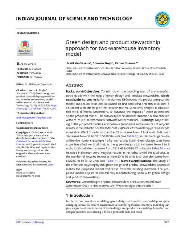 (PDF) Green design and product stewardship approach for two-warehouse ...