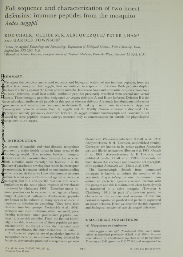 (PDF) Full sequence and characterization of two insect defensins ...
