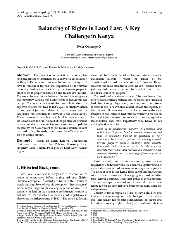 (PDF) Balancing of Rights in Land Law: A Key Challenge in Kenya