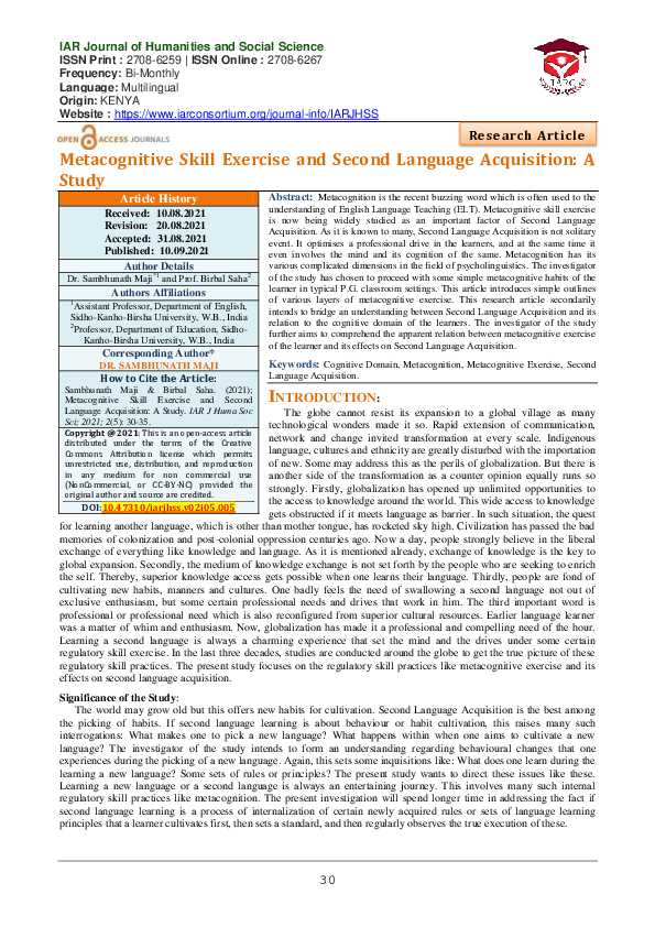 (PDF) Metacognitive Skill Exercise and Second Language Acquisition: A Study