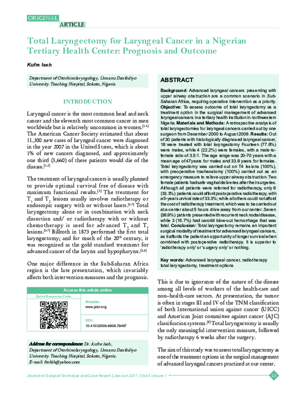 (PDF) Total laryngectomy for laryngeal cancer in a Nigerian tertiary ...