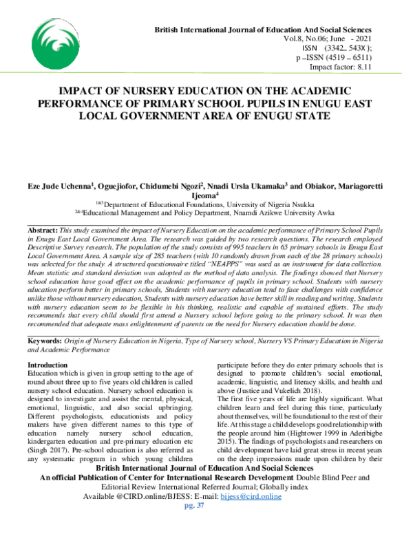 (PDF) IMPACT OF NURSERY EDUCATION ON THE ACADEMIC PERFORMANCE OF ...
