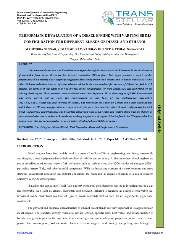 (PDF) Performance Evaluation of a Diesel Engine with Vary Ing Shims ...