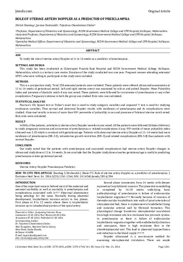(PDF) Role of Uterine Artery Doppler as a Predictor of Preeclampsia