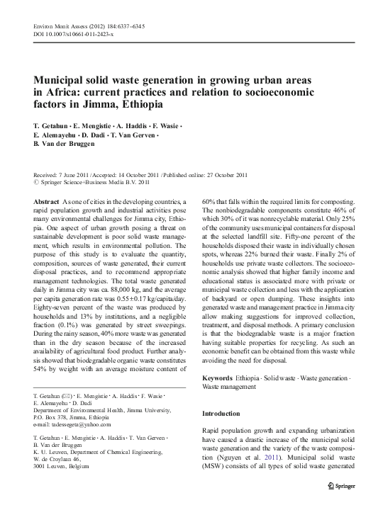 (PDF) Municipal solid waste generation in growing urban areas in Africa ...