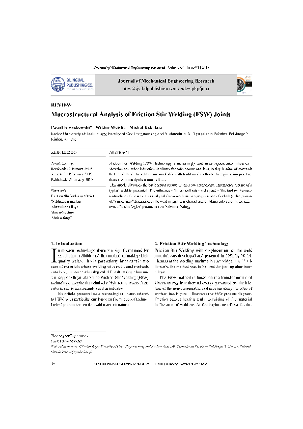 (PDF) Macrostructural Analysis of Friction Stir Welding (FSW) Joints