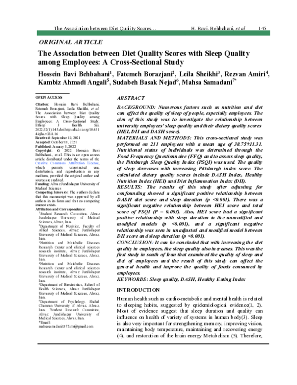 (PDF) The Association between Diet Quality Scores with Sleep Quality ...
