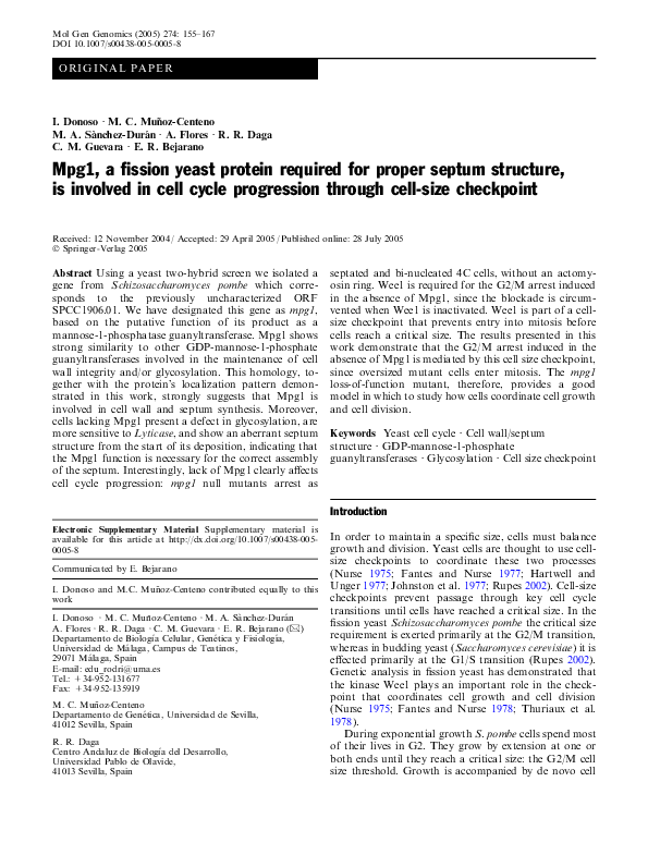 (PDF) Mpg1, a fission yeast protein required for proper septum ...