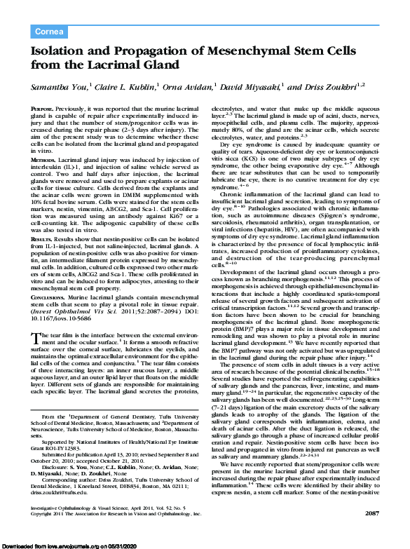 (PDF) Isolation and Propagation of Mesenchymal Stem Cells from the ...