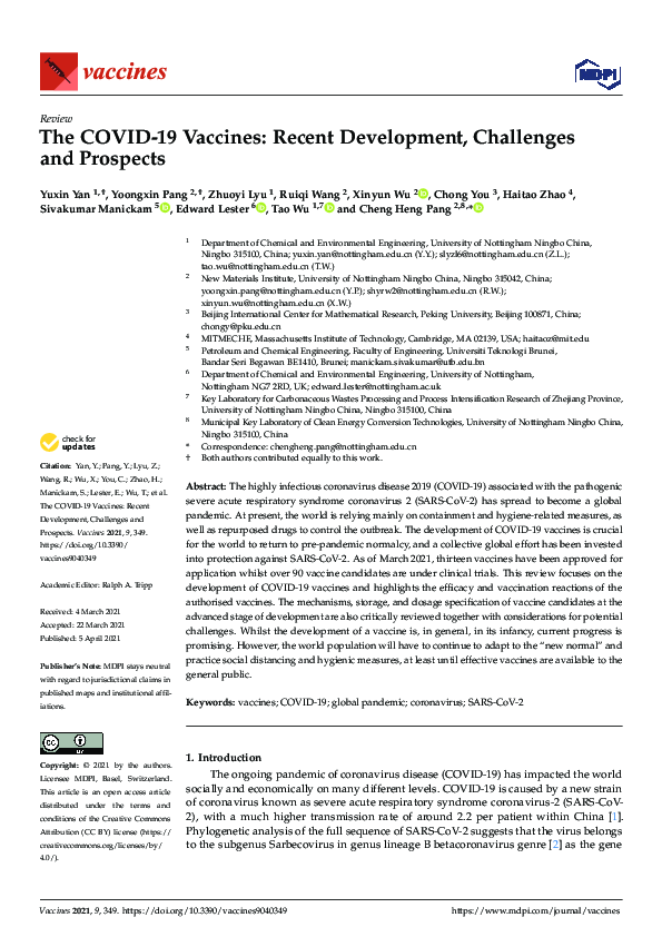 (PDF) The COVID-19 Vaccines: Recent Development, Challenges and Prospects