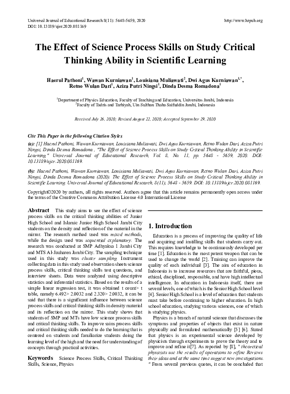 (PDF) The Effect of Science Process Skills on Study Critical Thinking ...