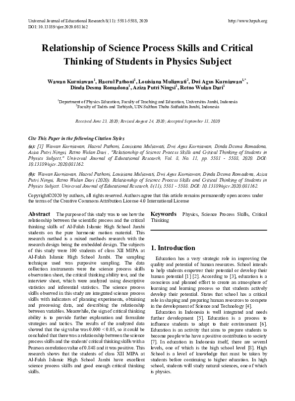 (PDF) Relationship of Science Process Skills and Critical Thinking of ...