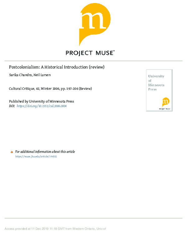 (PDF) Postcolonialism: A Historical Introduction (review)