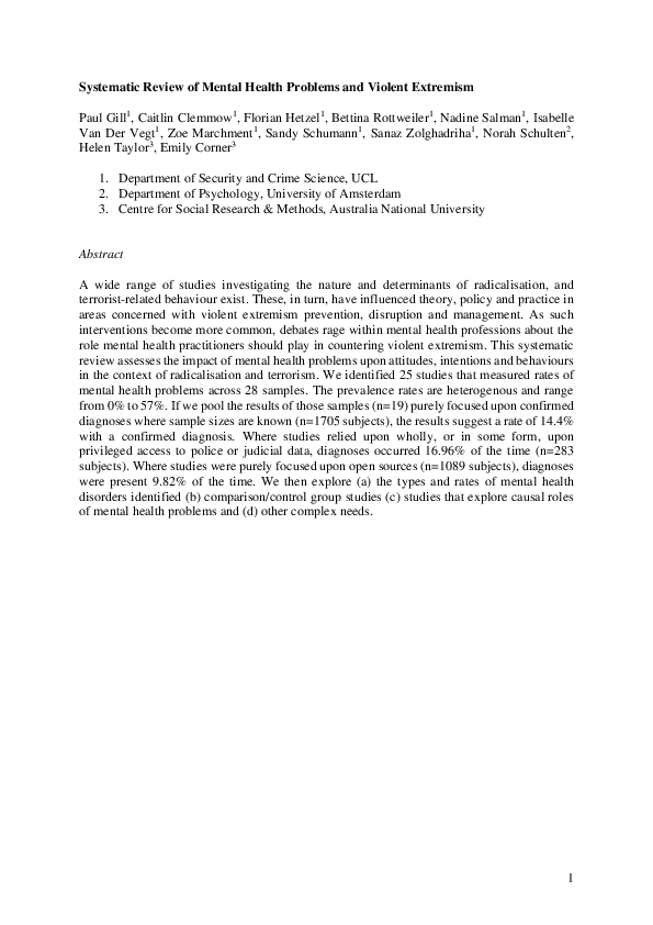 (PDF) Systematic Review of Mental Health Problems and Violent Extremism