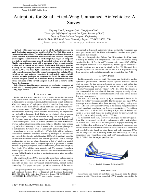 (PDF) Autopilots for Small Fixed-Wing Unmanned Air Vehicles: A Survey