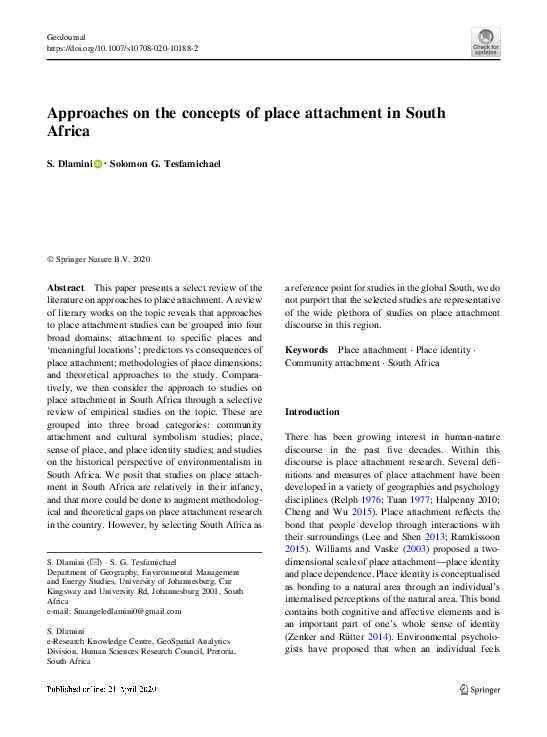 (PDF) Approaches on the concepts of place attachment in South Africa