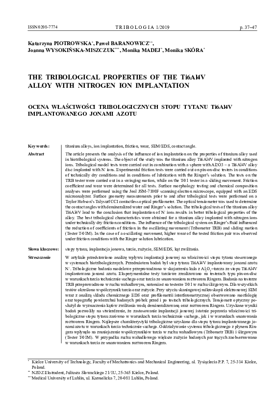 (PDF) THE TRIBOLOGICAL PROPERTIES OF THE Ti6Al4V ALLOY WITH NITROGEN ION IMPLANTATION Monika