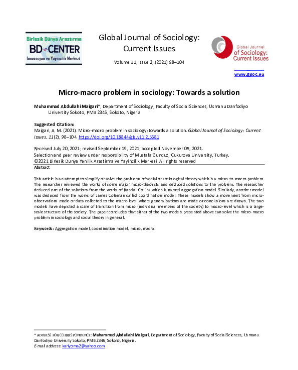 (PDF) Micro-macro problem in sociology: Towards a solution