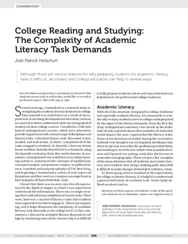 (PDF) College Reading and Studying The Complexity of Academic Literacy