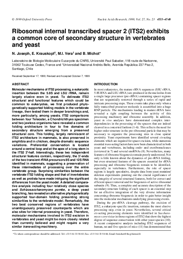 (PDF) Ribosomal internal transcribed spacer 2 (ITS2) exhibits a common ...