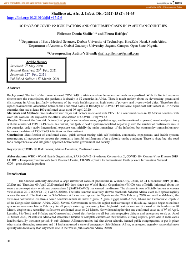 (PDF) 100 Days of COVID-19: Risk Factors and Confirmed Cases in 19 ...