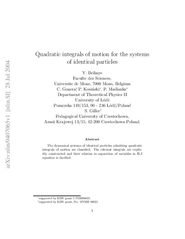 (PDF) Quadratic Integrals of Motion for the Systems of Identical Particles