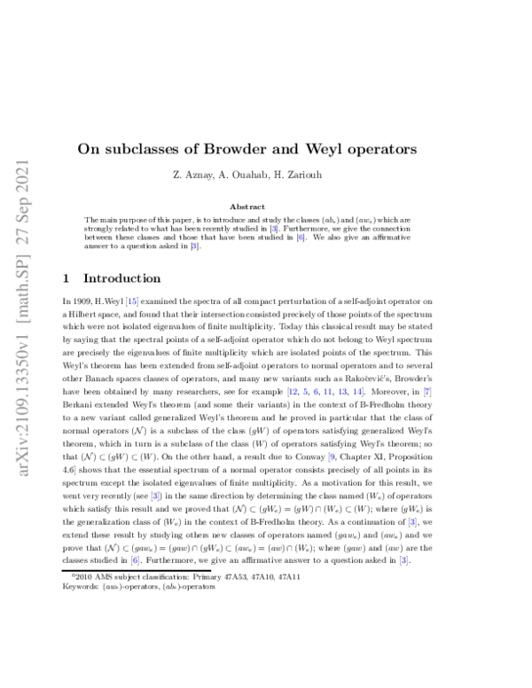 (PDF) On subclasses of Browder and Weyl operators | Zakariae AZNAY ...