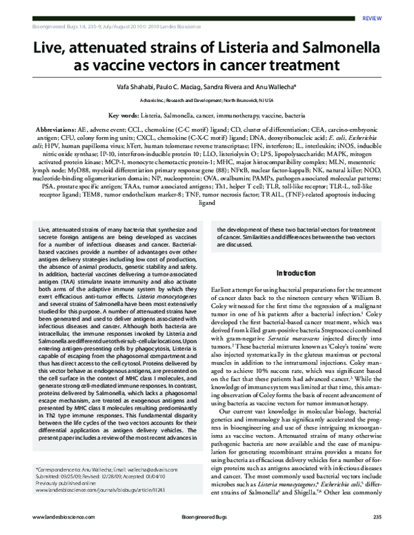 (PDF) Live, attenuated strains of Listeria and Salmonella as vaccine ...