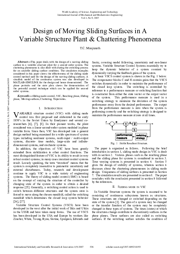 (PDF) Design Of Moving Sliding Surfaces In A Variable Structure Plant ...