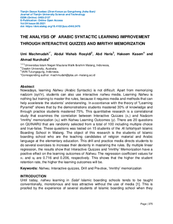 (PDF) The Analysis of Arabic Syntactic Learning Improvement Through ...