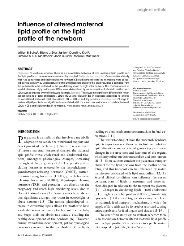 (PDF) Influence of altered maternal lipid profile on the lipid profile ...