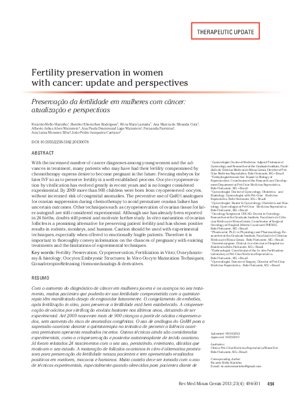 (PDF) Fertility preservation in women with cancer: update and perspectives