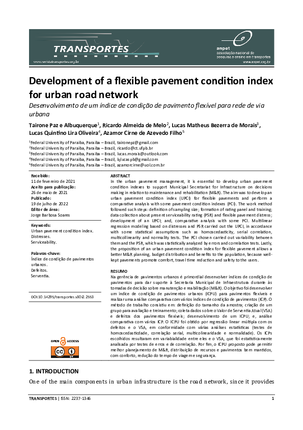 (PDF) Development of a flexible pavement condition index for urban road ...