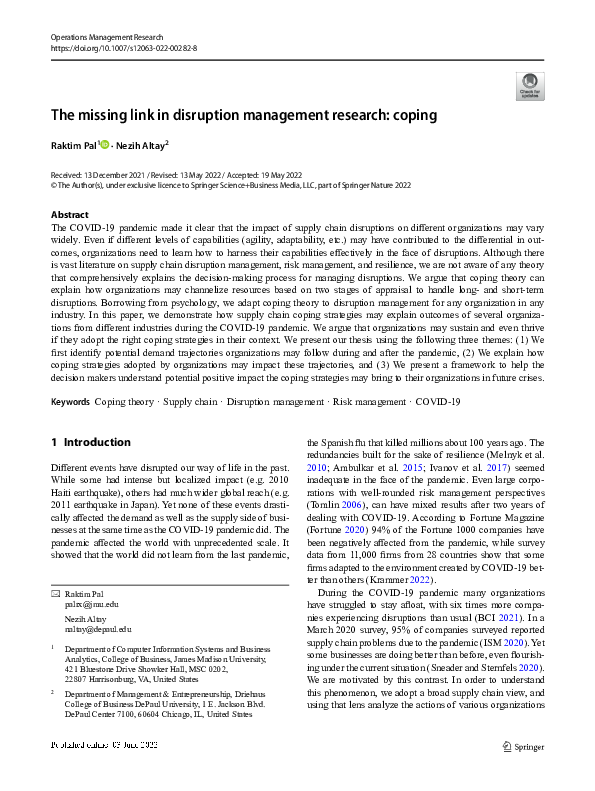 (PDF) The missing link in disruption management research: coping