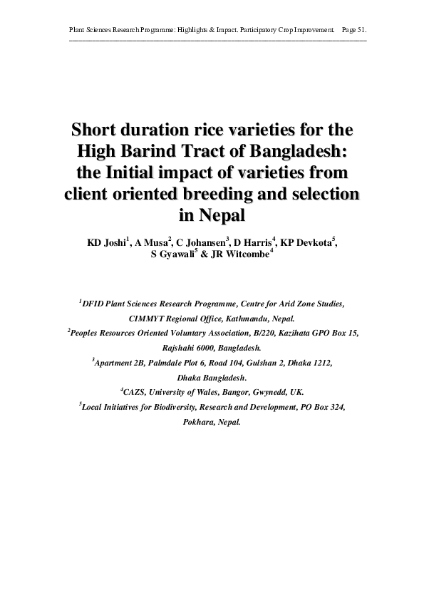 (PDF) Short duration rice varieties for theHigh Barind Tract of ...