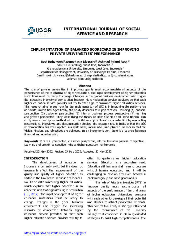 (PDF) Implementation of Balanced Scorecard in Improving Private ...