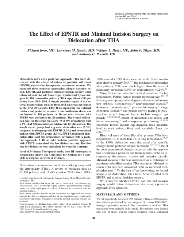(PDF) The Effect of EPSTR and Minimal Incision Surgery on Dislocation ...