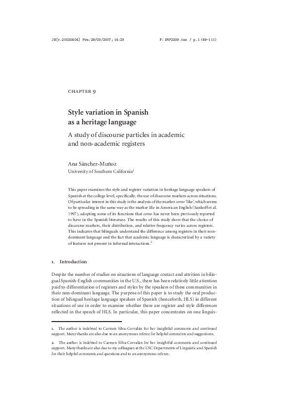 (PDF) Style Variation in Spanish as a HeritageLanguage: A Study of ...