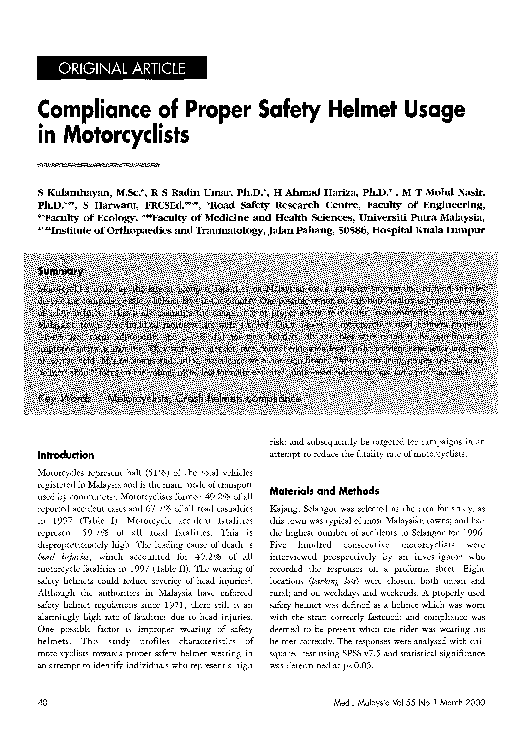 (PDF) Compliance of proper safety helmet usage in motorcyclists ahmad