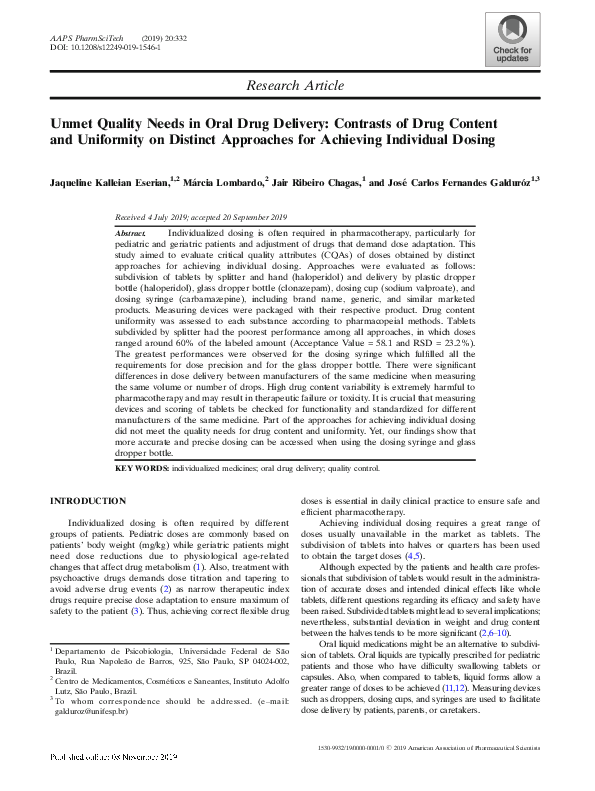(PDF) Unmet Quality Needs in Oral Drug Delivery: Contrasts of Drug ...