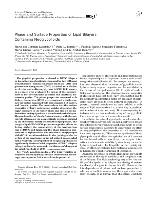 (PDF) Phase and Surface Properties of Lipid Bilayers Containing ...
