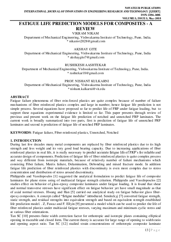 (PDF) Fatigue Life Prediction Models For Composites - A Review